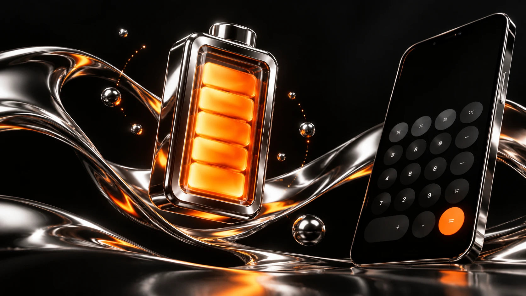 Liquid chrome battery icon beside an iPhone calculator