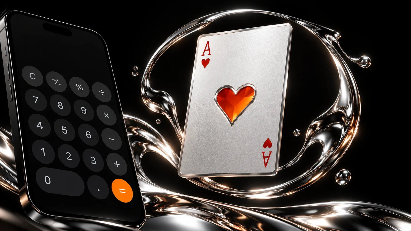 An ace of hearts framed by chrome beside an iPhone calculator