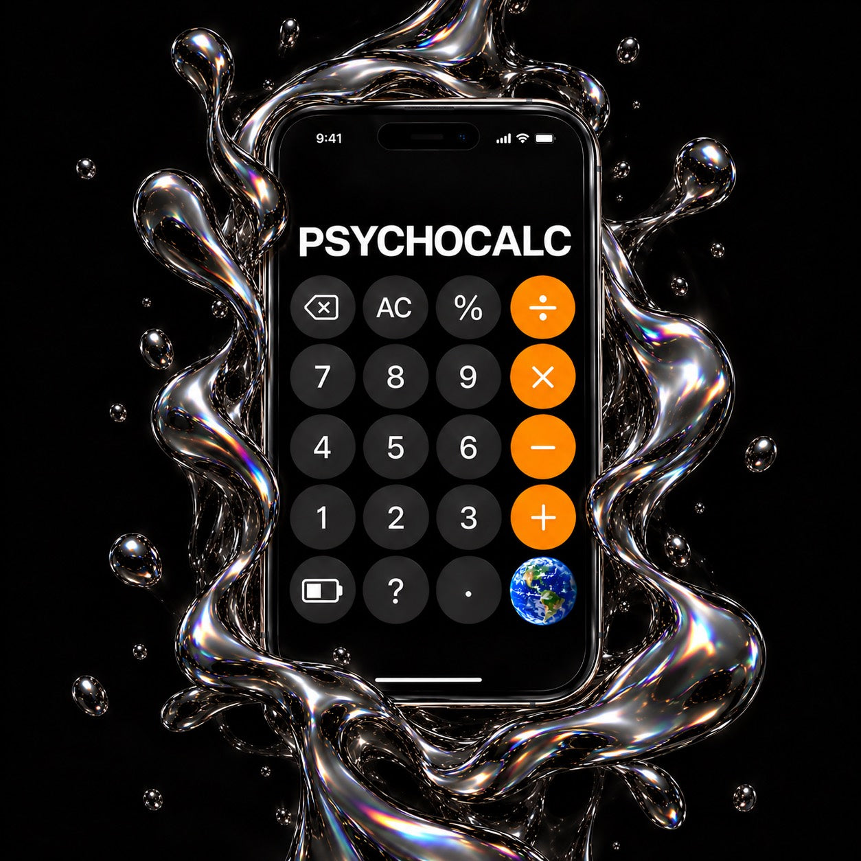PSYCHOCALC artwork, an iPhone calculator framed by flowing reflective chrome