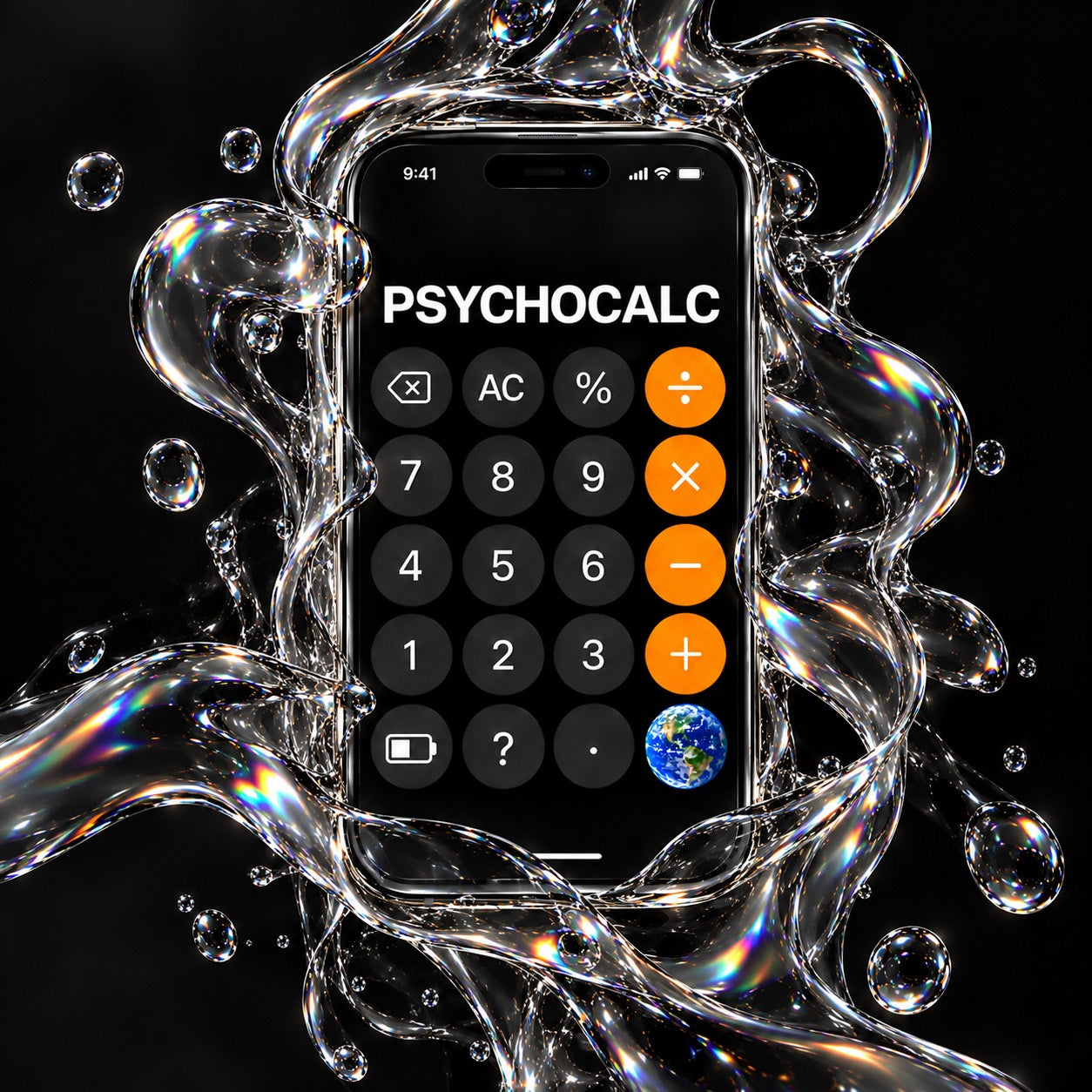 Reflective chrome surrounds an iPhone calculator with orange controls